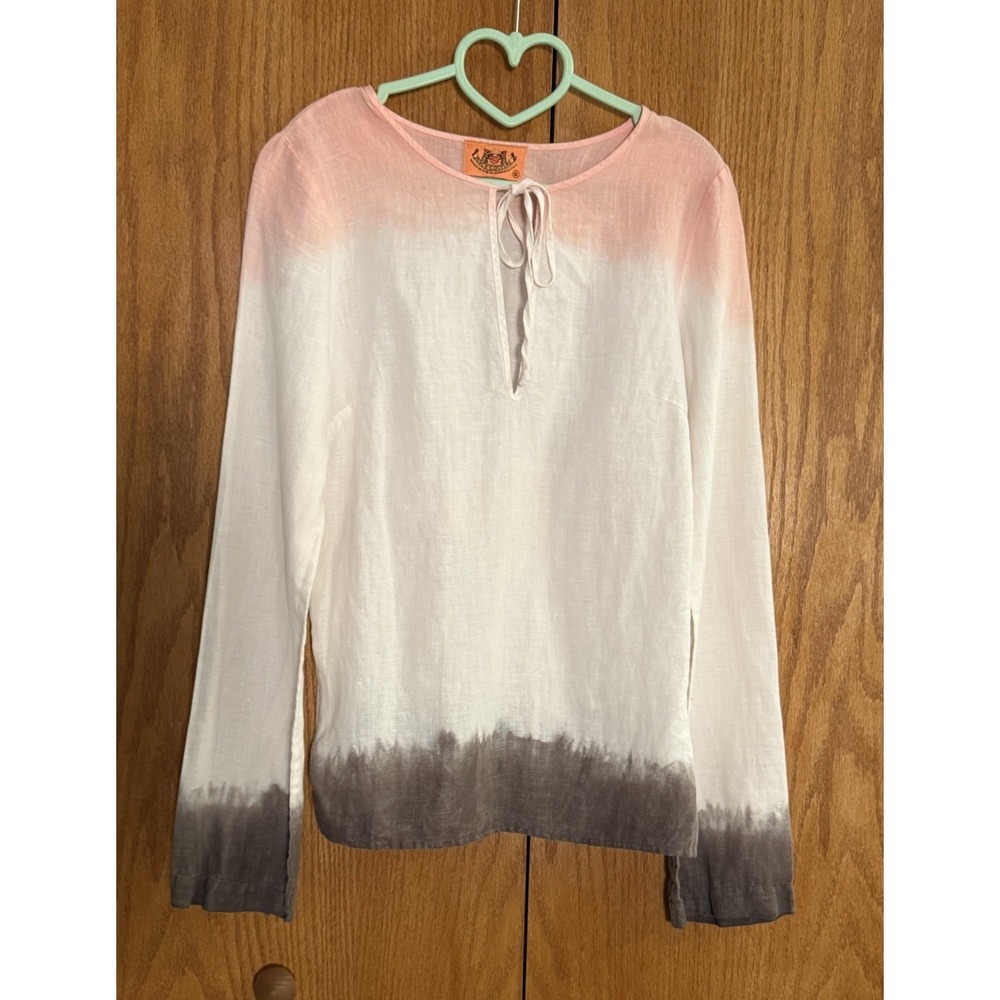 VTG Juicy Couture Linen Tunic Shirt Wm S 90s Smocked Side Slits Dip Dye Rare Y2K